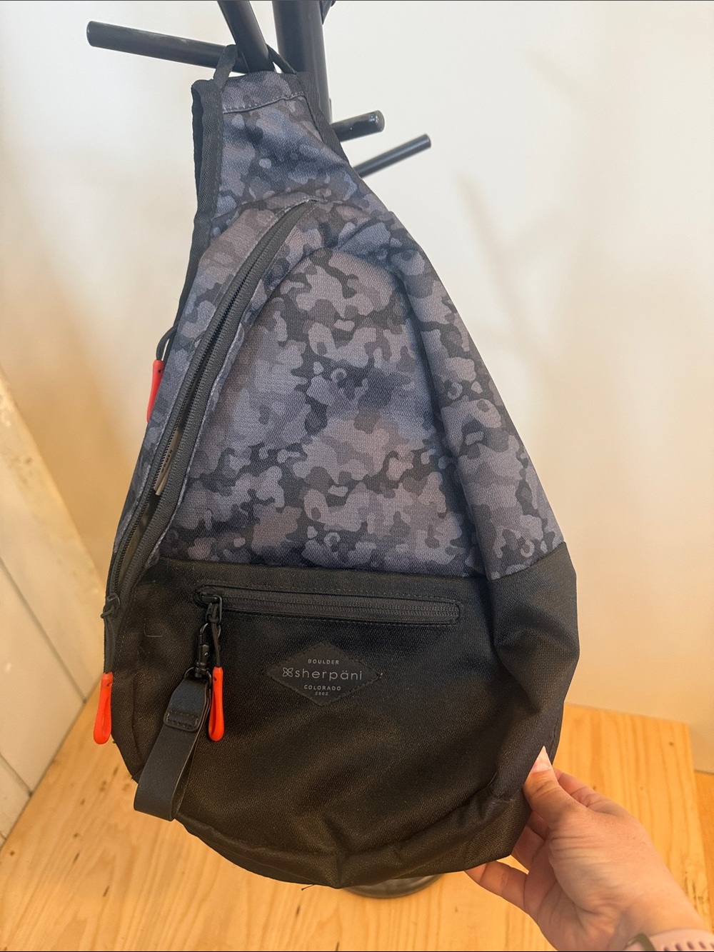 Sherpani  Gray Camo Sling Bag with Black Base and Red Accents